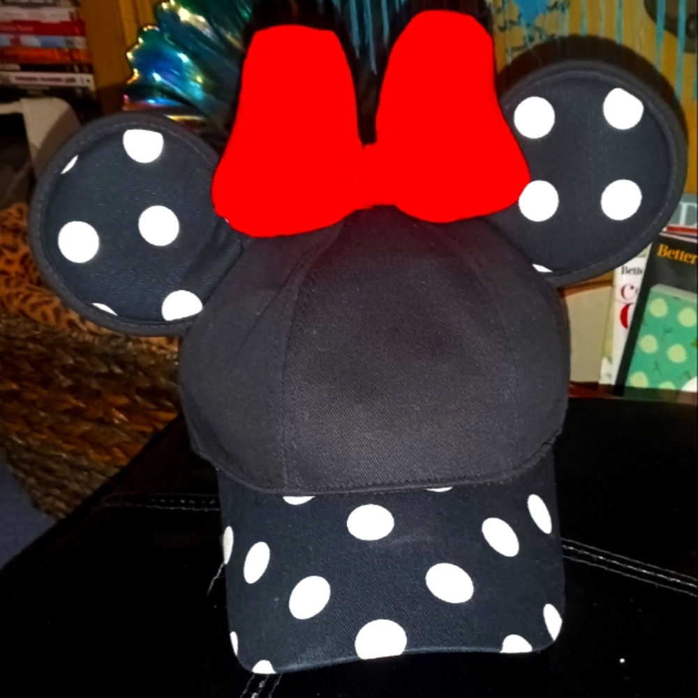 Disney Parks Minnie Mouse Black-White Polka Dot Ears Red Bow Adult Baseball Hat